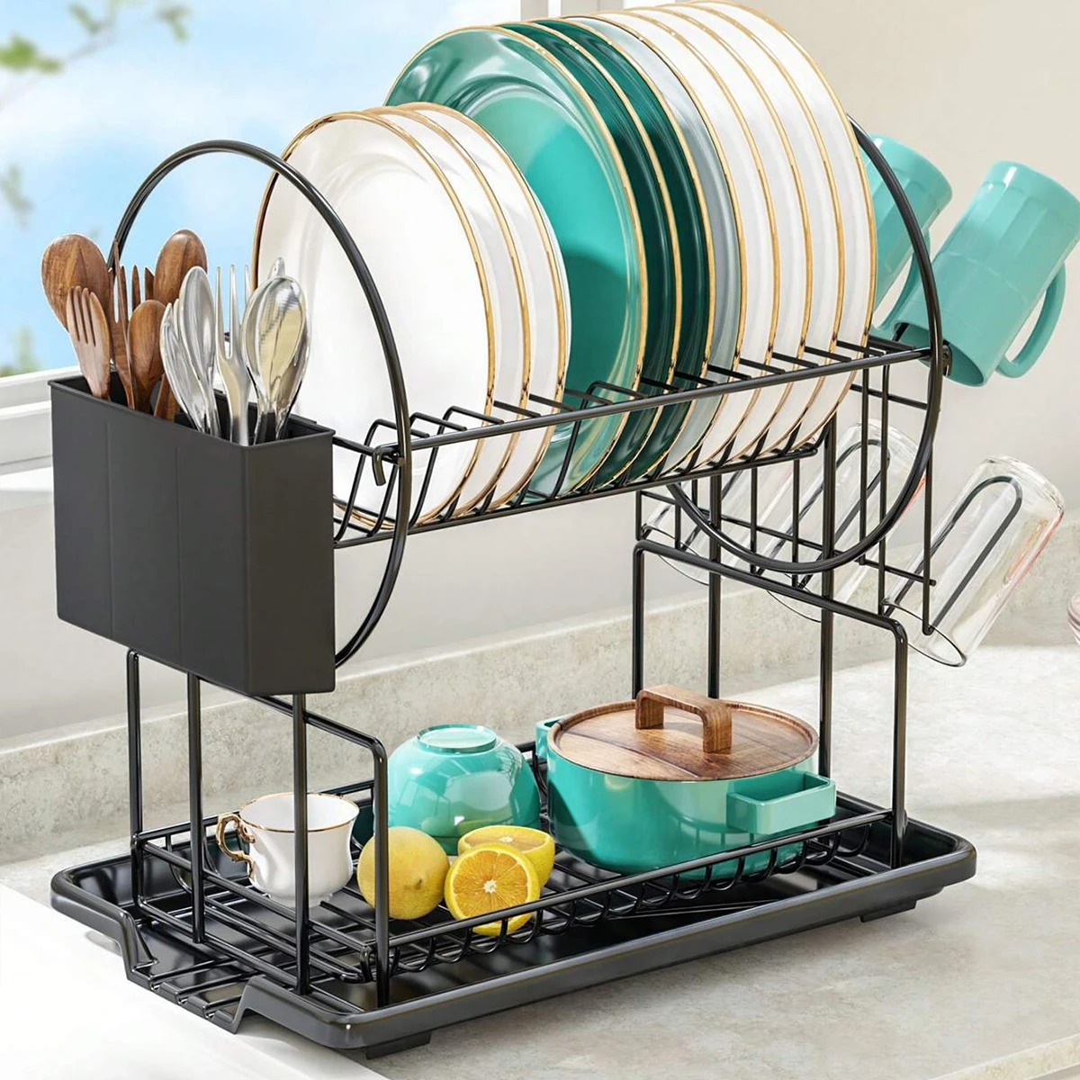 Metal two-layer kitchen dish rack sink drain rack with cutlery storage bucket and cup holder suitable for kitchen