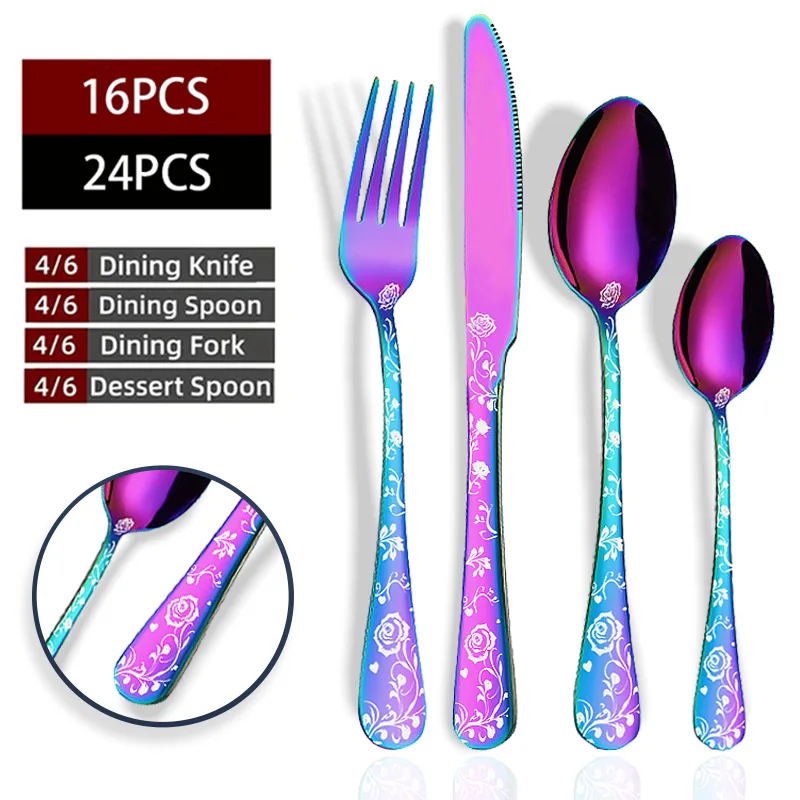 4/16/24Pcs Rose Laser Engraved Cutlery Set - Stainless Steel Knife Fork Spoon, Romantic Valentine's Day Couple Tableware