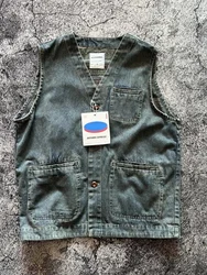 Retro Amekajie Water System Worn out Cotton V Neck Vest Hong Kong Style Casual Pure Cotton Handsome Shoulder Pad