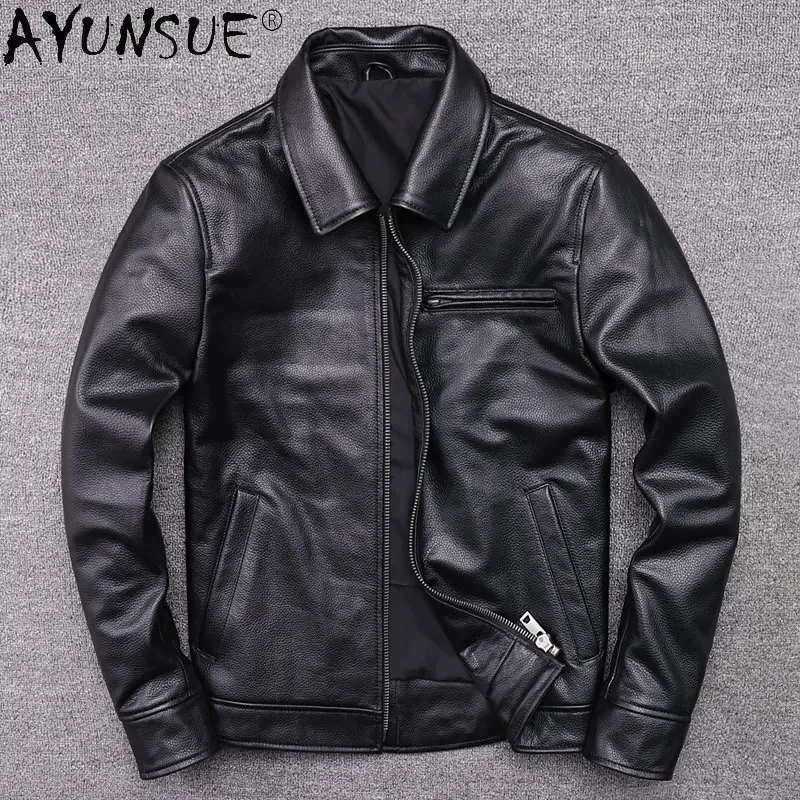 AYUNSUE Genuine Leather Jacket Men Casual Real Cow Leather Jackets Black Slim Leather Coat Male Clothes Chaquetas Hombre SGG1085