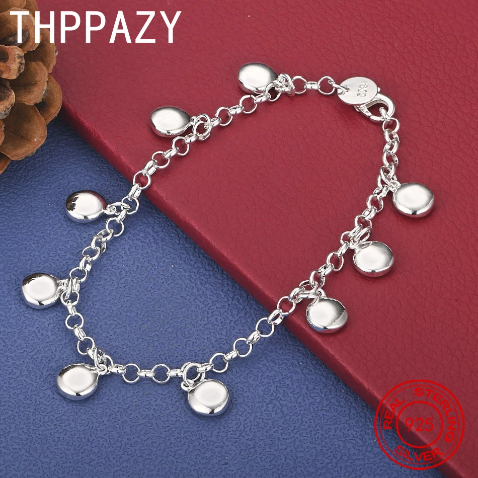 

THPPAZY 925 Sterling Silver Flat Round Pendant Bracelet Fashion Simple Versatile Jewelry Women Birthday Christmas Party Gift