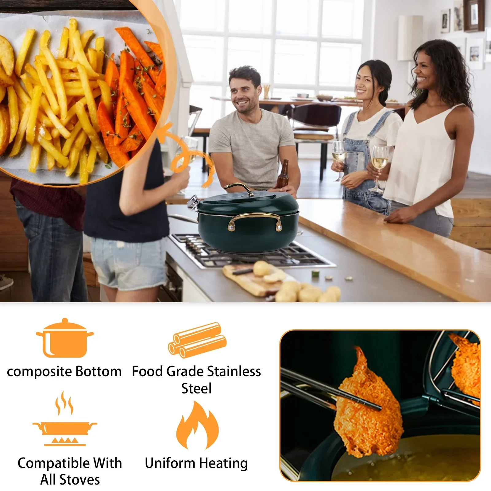 304 Stainless Steel Japanese Tempura Deep Fryer with Lid Thermometer with Strainer 20CM 24CM Kitchen Fryer Pan Kitchen Supplies