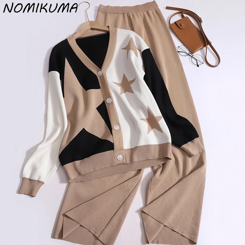 Nomikuma 2023 Autumn New Contrast Color Star V-neck Single Breasted Knitted Cardigan + High Waist Wide Leg Sweater Long Pants