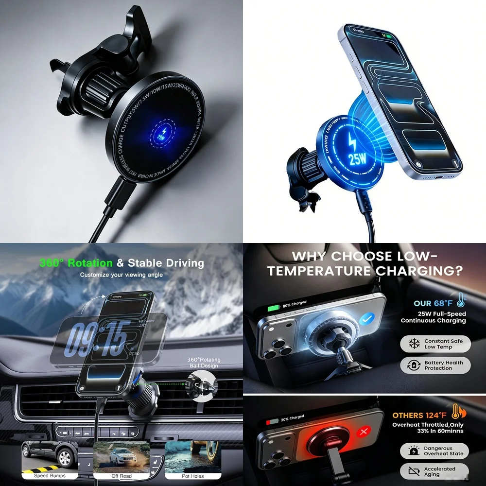 Wireless Car Phone Holder Charger 25W Magnetic Vent Clip 360 Rotation Fast Charge for iPhone 17 Samsung Galaxy S26 Ultra Android