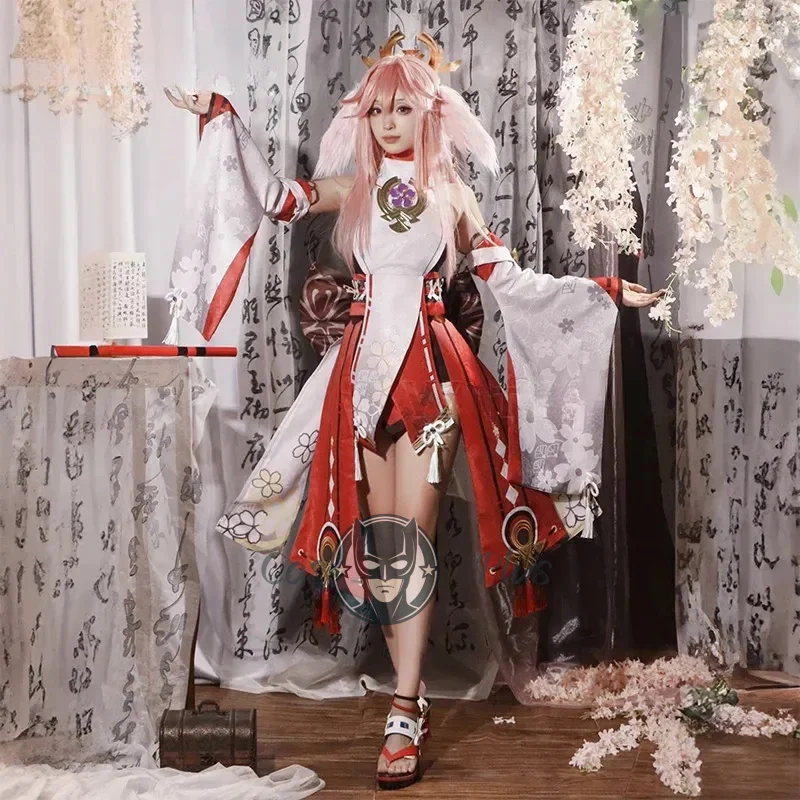 

Yae Miko SSR Cosplay Costume Genshin Impact Yae Miko Halloween Fox Kitsune Girl Full Set Wig Ear Shoes