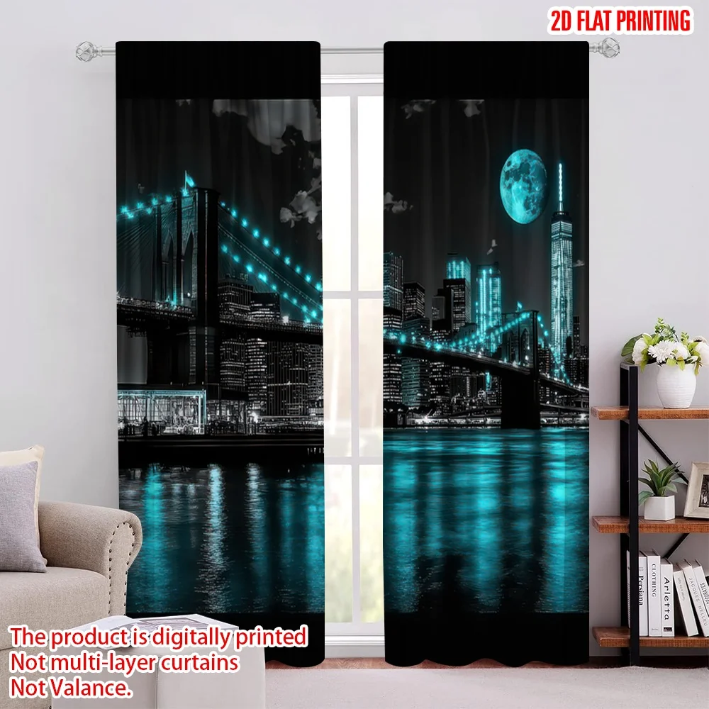 2D flat printing 2pcs Curtains Moonlit Cityscape Reflections Digital Printed Polyester Drapes Festive Holiday for New Year