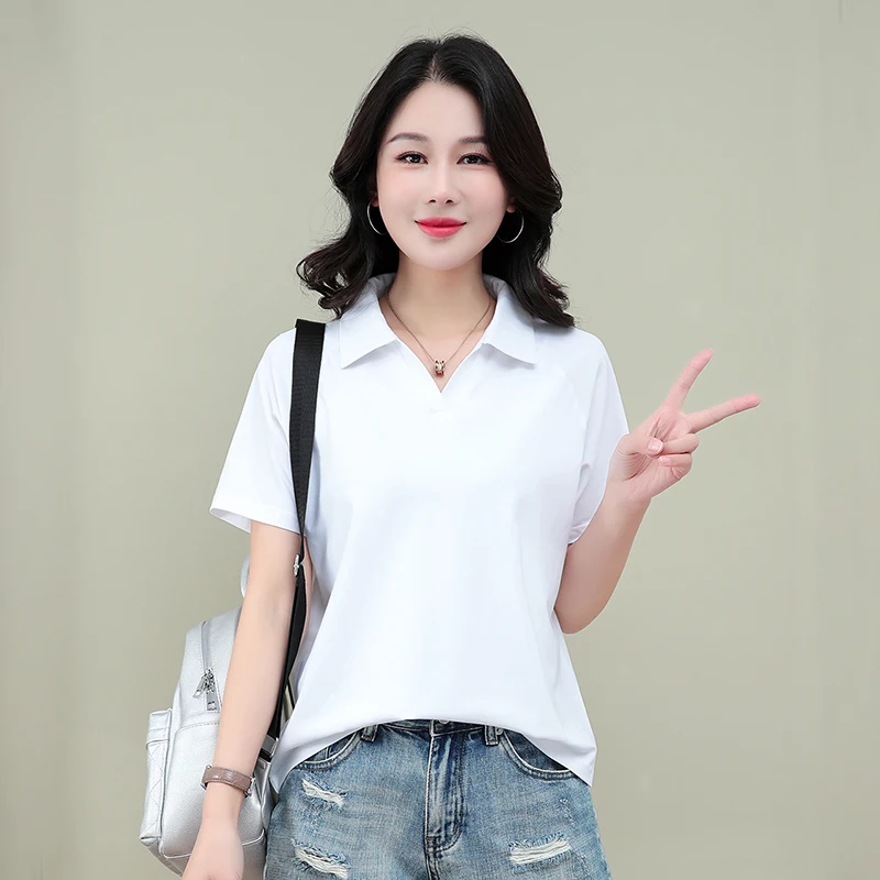 

2025 new large size middle-aged women's pure cotton lapel short-sleeved T-shirt for women's summer loose casual versatile top