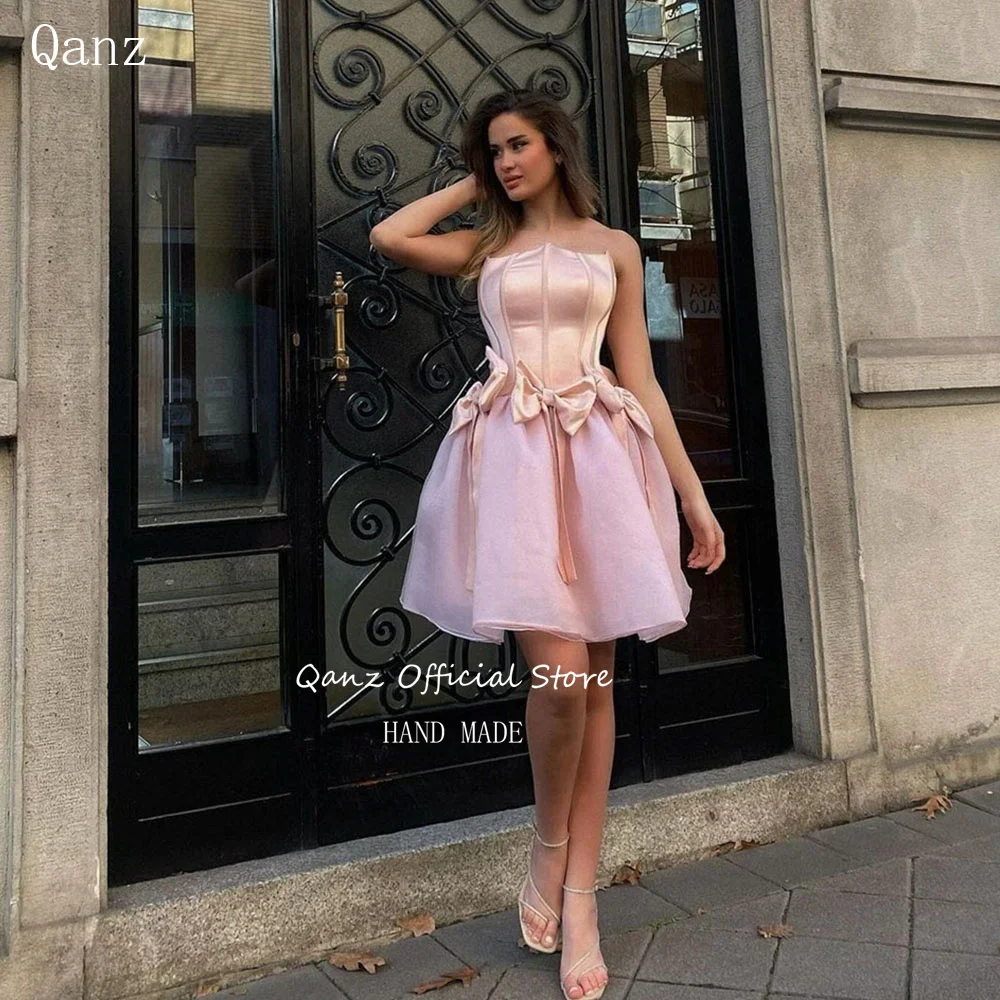 Qanz Pink Homecoming Dresses with Bow Lace Up Back Short Vestidos De Graduación A Line Strapless birthday party gown Customized