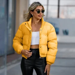 Black Yellow Pink Red Women Puffer Jackets Long Sleeve Stand Collar Button Down Coat Winter Warm Quilted Padded Zip Up Outerwear