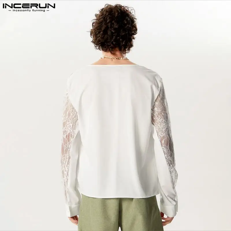 INCERUN-Chemise en dentelle à manches longues pour hommes, chemise transparente, patchwork, col en V, streetwear sexy, chemises décontractées, vêtements pour hommes, adt, mode 2024