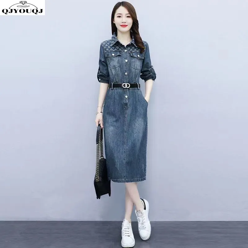 Denim Damen kleid 2024 Frühling neues personal isiertes Design Temperament Taille reduzieren Alter Hemd Langarm kleid