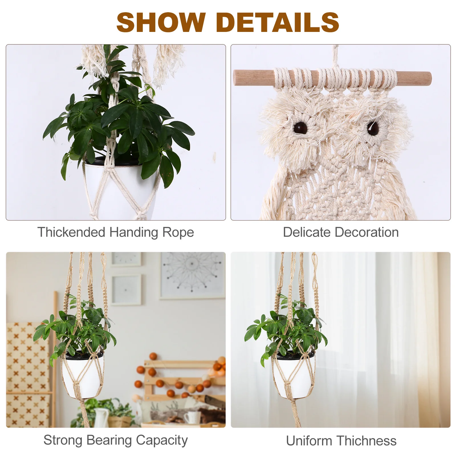 

Owl Wall Hanging Basket Cotton Rope Woven Wooden Stick Polished Home Decor Flowerpot Hanger Plant Hanging Basket Macrame Design