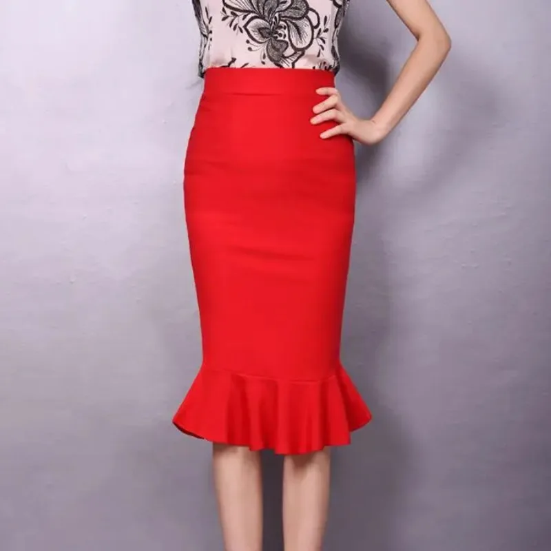 

Female New Lotus Leaf Pack Hip Fish Skirt High Waist Sexy Stretch One Step Skirt Plus Size