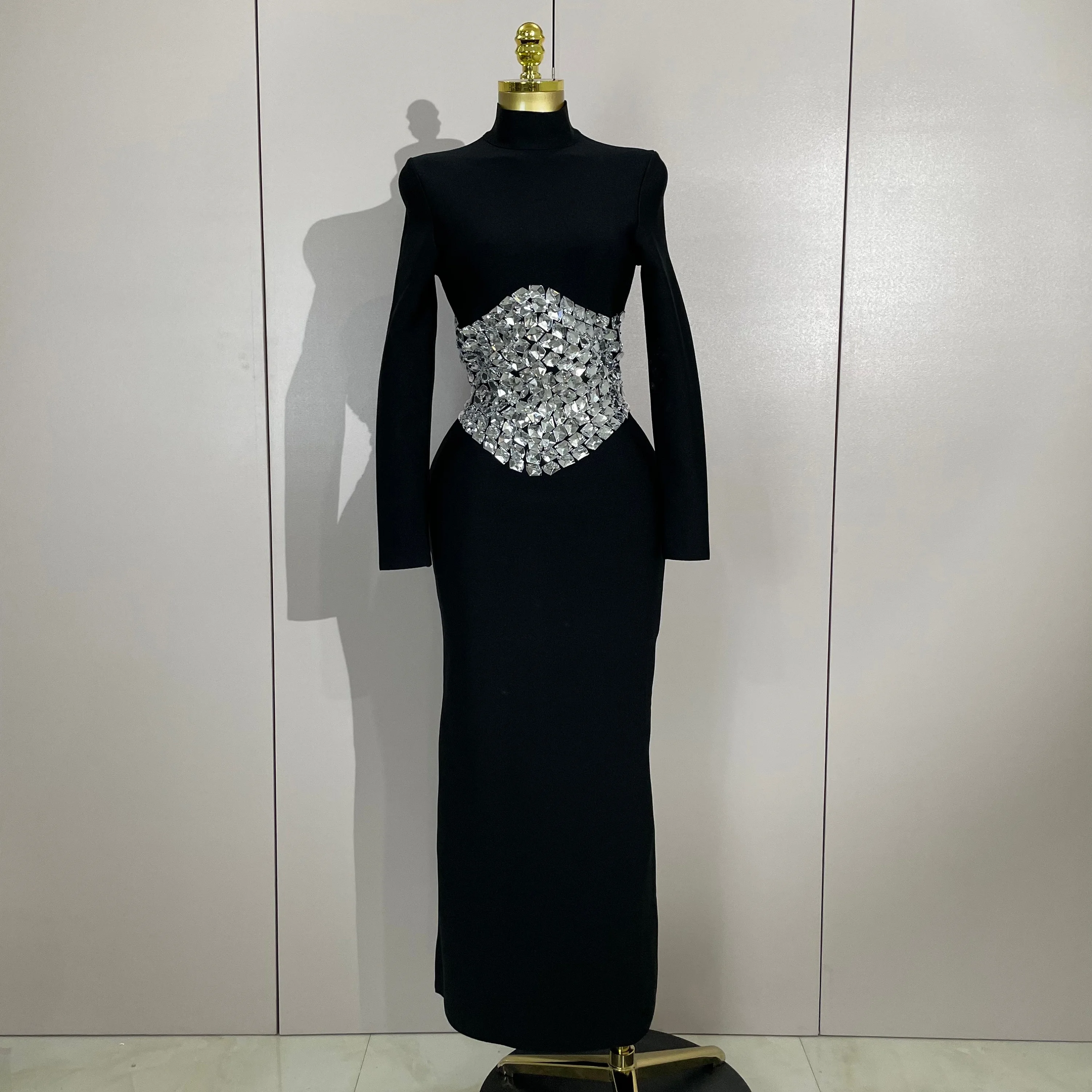 Elegante Sparkly Diamonds Lange Mouwen Bodycon Lange Bandage Jurk Vrouwen Avond Prom Luxe Verjaardagsfeestje Bruiloft Gast Jurken