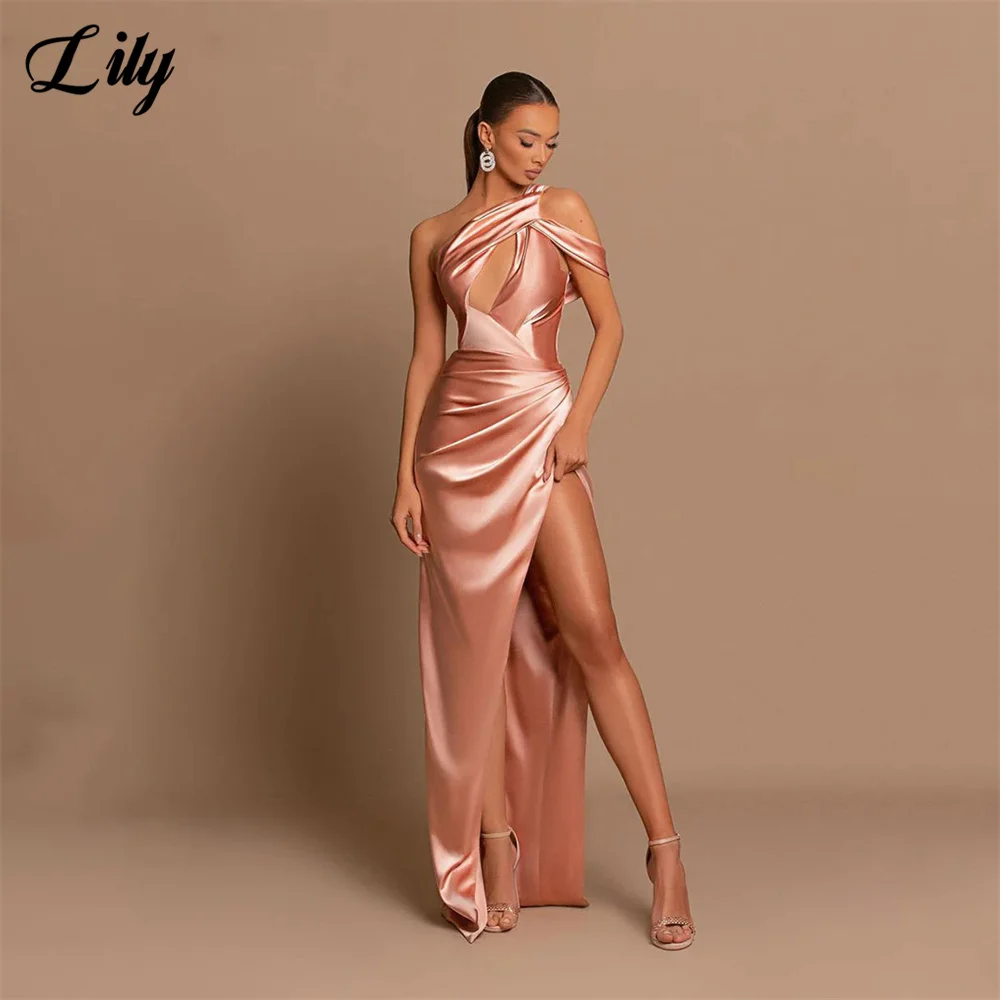 Lily Amazing-vestido de noche con corte de sirena, vestido Formal de satén con un hombro, largo hasta el suelo, con abertura, color rosa polvoriento