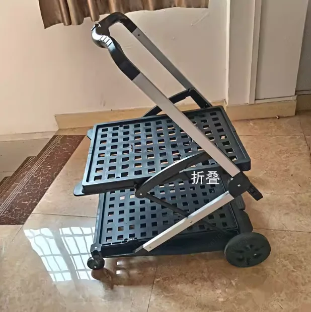 Commercial grade double-layer folding car PP material four-wheel structure platform removable basket wheel