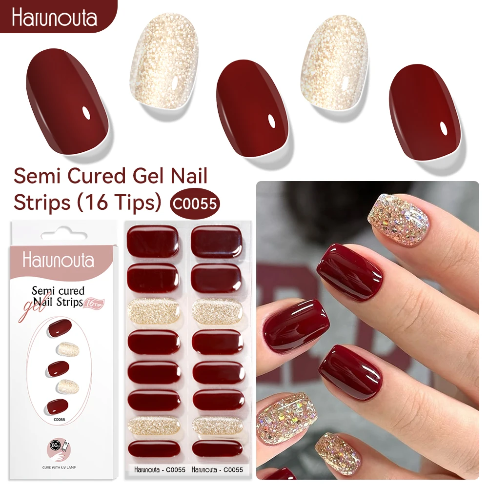 Harunouta 16 tiras semi curadas gel tiras de unhas série vermelha gel adesivos de unhas glitter gel envoltórios de unhas gel polonês adesivos arte do prego