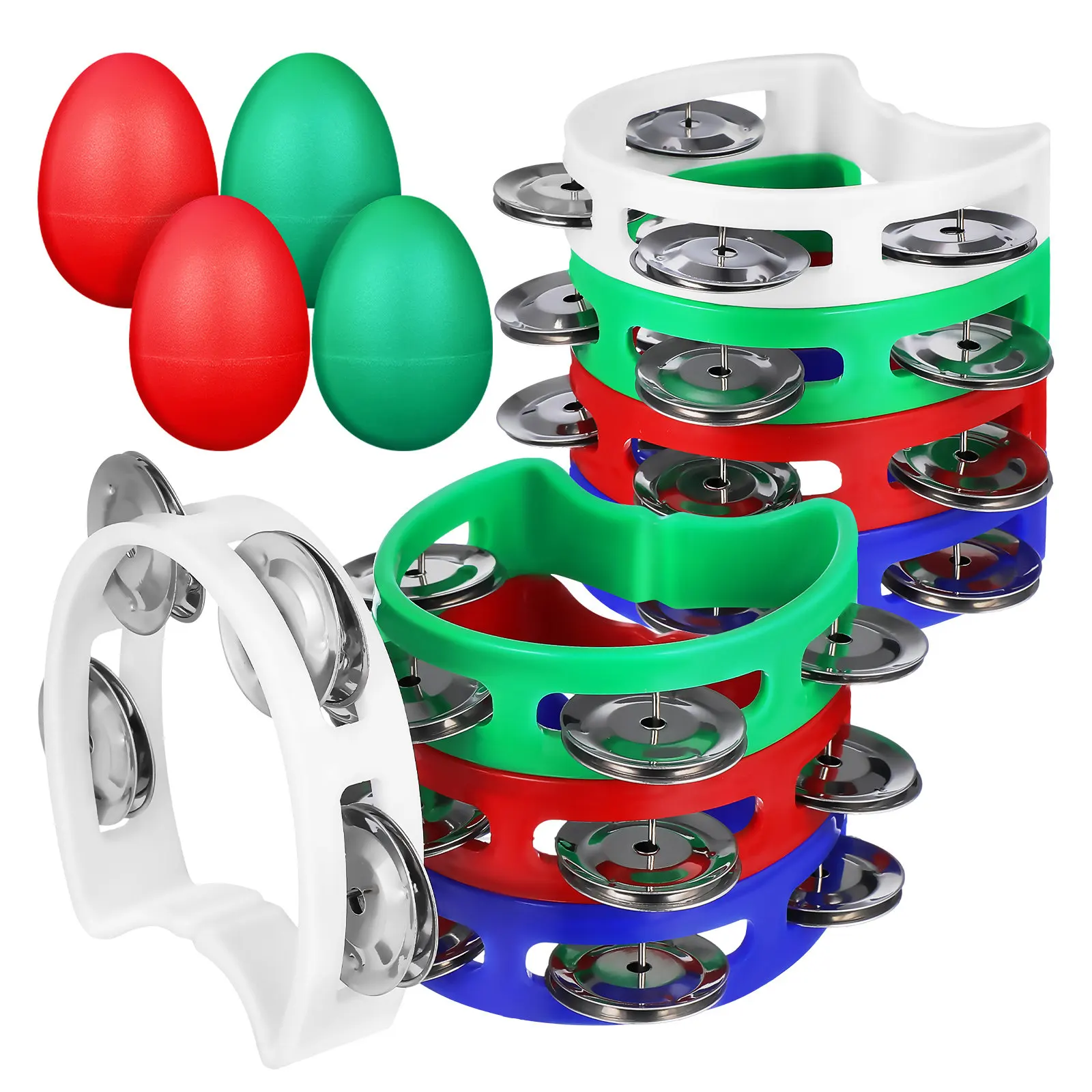 

Набор из 8 детских музыкальных инструментов: тамбурины в форме полумесяца и пластиковые яичные шейкеры для развития координации рук и глаз у детей
