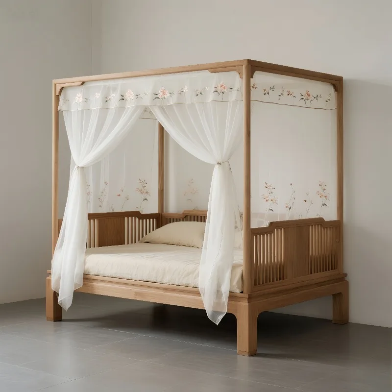 Solid wood antique four-poster bed 1.8 meters double bed Song-style aesthetic step-up bed