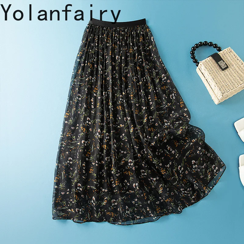 YOLANFAIRY 100% Real Mulberry Silk Skirts for Woman Korean Style Floral Skirt High Elastic Waist Skirt Women Clothing Streetwear