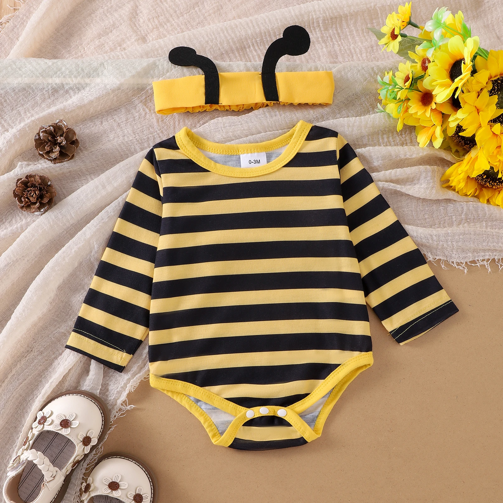 Baby Girls Autumn Skirt Sets Flying Sleeve Romper Bee/Beetle Embroidery Suspender Dress Headband Sets