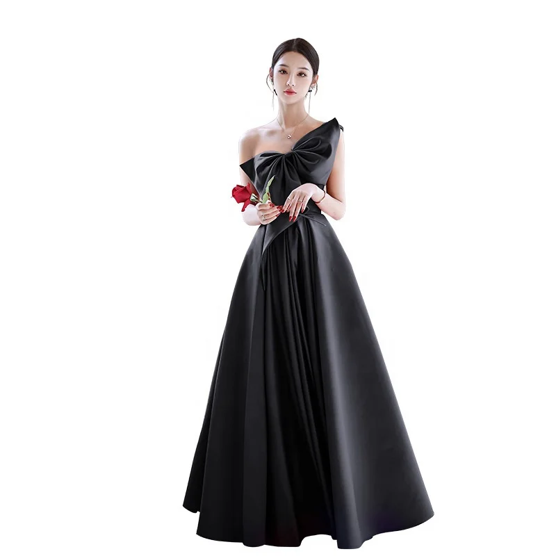 Evening Dress One Shoulder Formal Satin Party Dress Woven Latest Dress Designs Sleeveless with Bow