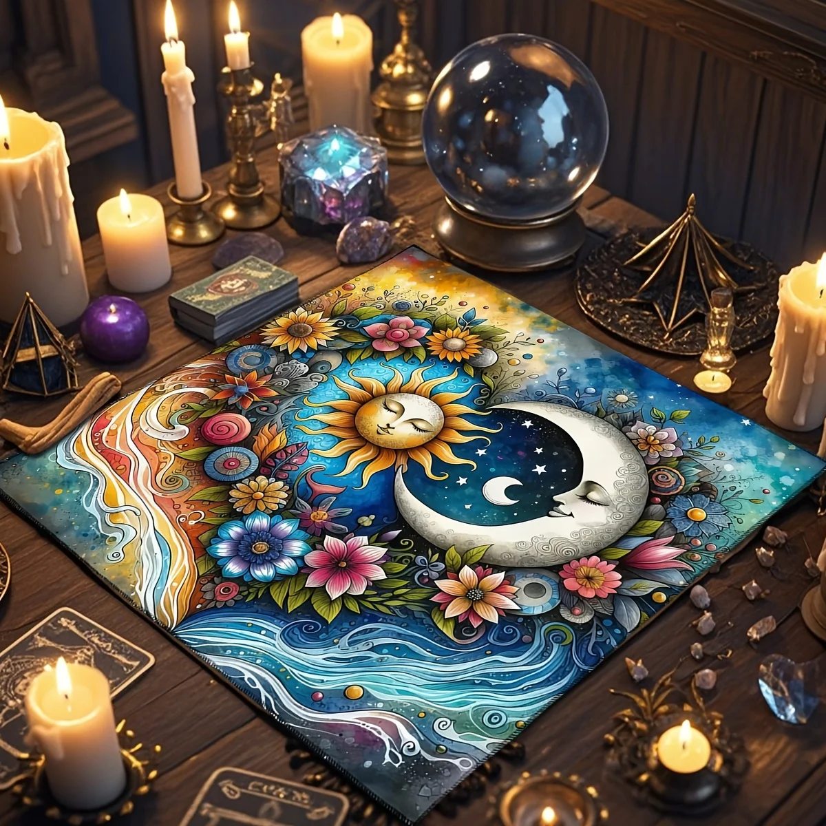 Mystical Tarot Tablecloth Mat Celestial Sun Moon Astrology Boho Zodiac Cloth Reading Surface 60x60cm