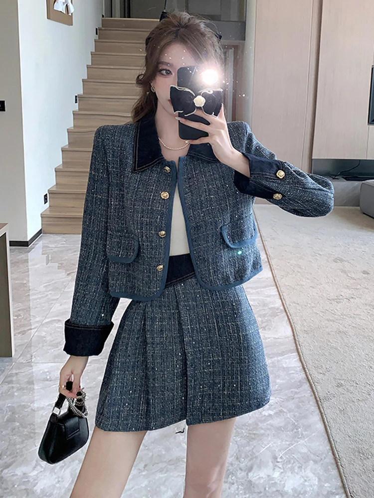 New Fall Winter Blue Tweed Skirt Suits Women Single Breasted Denim Patchwork Short Jacket Coat + Mini Skirt Sweet Two Piece Set