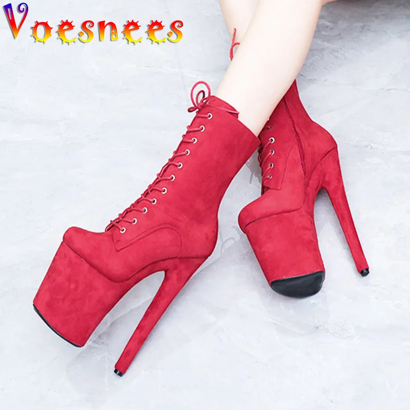 2025 New 8 Inch Stiletto Pumps Flock Lace Up Low Tube Ankle Boots 20CM Nightclub Stripper Shoes Pole Dance High Heels Women