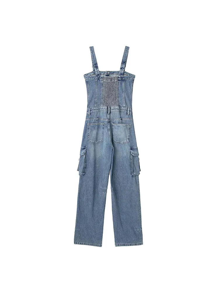 Nlzgmsj TRAF Autumn Women Retro Denim Overalls Jumpsuit Street Wide-Leg Pants Slim Multiple pockets Versatile Sweets Ladie