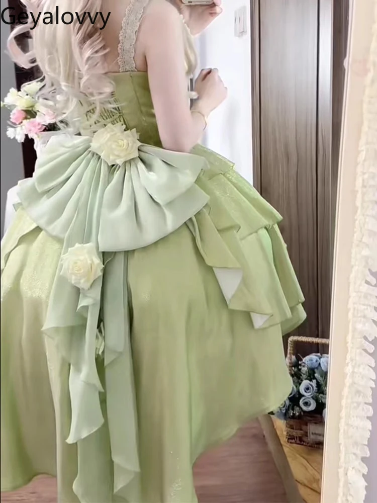 Jsk – robe de princesse verte sans manches, taille haute, nouvelle collection d'été, Lolita, mignonne et douce pour filles, avec nœud à volants, Slim, robes de fête d'anniversaire