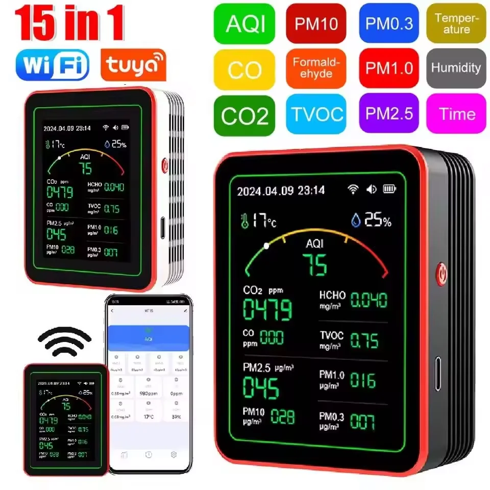 Tuya WiFi 15 In 1 공기 품질 모니터 TFT 디스플레이 가정용 CO CO2 HCHO TVOC AQI PM0.3 PM2.5 PM10 테스터 이산화탄소 감지기 