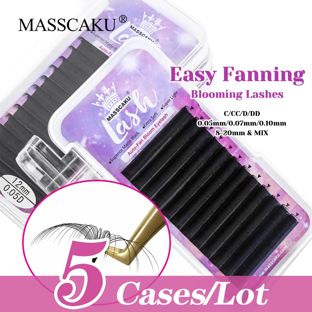 

MASSCAKU 5cases/lot Lightweight Fast Grafting 1 Second Blooming Eyelash Ribbon Waterproof Russian Volume Lashes Easy to Operate