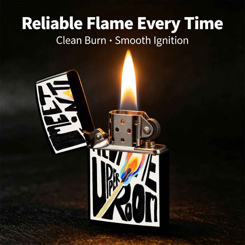 Pocket Lighter, Flip-Top Windproof, Metal Shell, Classic Matchstick Print Design, Ergonomic Grip, Portable & Durable