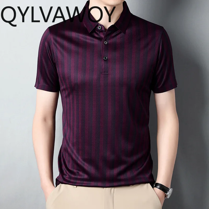 QYLVAWOY Men's Polo Shirts Striped T Shirts for Man Summer Tops Man Clothes Short Sleeve Anti-wrinkle Shirt Camisas Masculina
