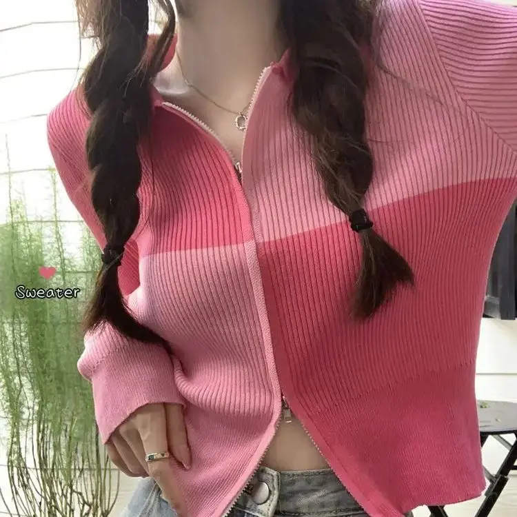 

Contrast Color Knitted Sweater Coat Cardigan Long-Sleeved Women Sweet Autumn Winter New Design Niche Short Top