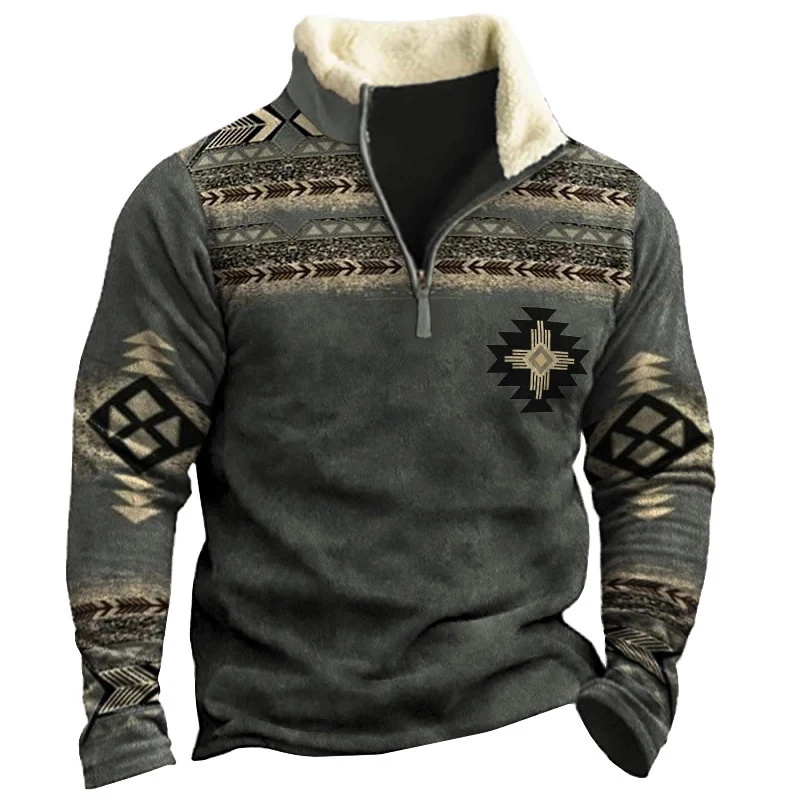 Moletom com patchwork estampado padrão vintage masculino, streetwear casual, camisolas de manga comprida com zíper, pulôver com gola virada para baixo, tops da moda