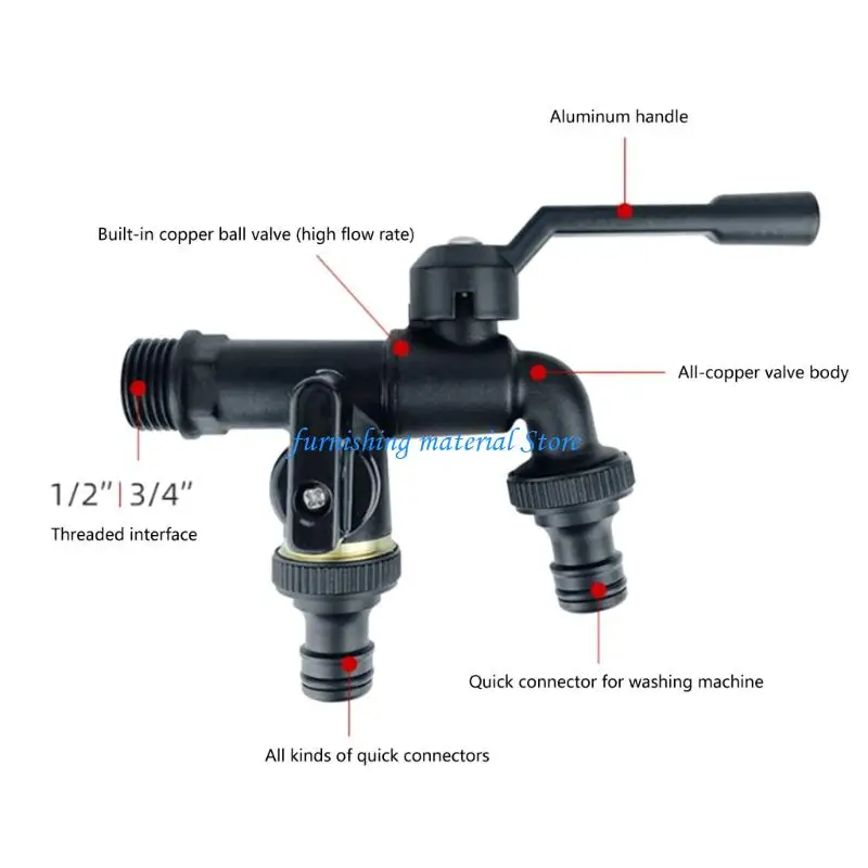 Y5GD Outdoor Double Water Tap Washing Machine Faucet 1/2inch 3/4inch Water Connector Double Outlet Tap for Garden