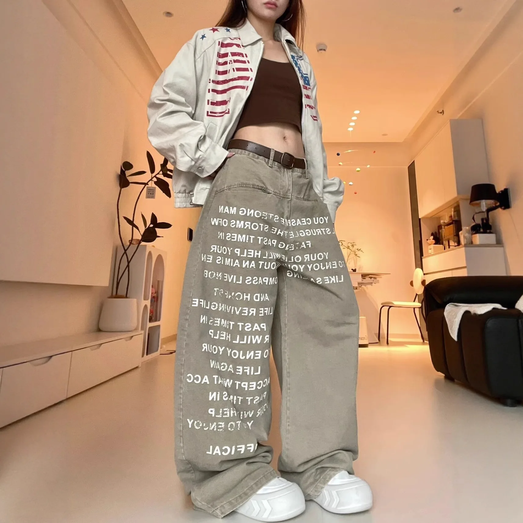 American Style Vintage High Street Women's Khaki Simple Basic Casual Daily Wide Leg Loose Straight Letter Printed Denim Trousers