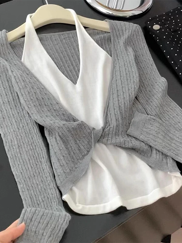 

Корейский вязаный свитер Sle Long Sve, женский модный цветной дизайн, ранний осенний топ, повседневный удобный V-Ne