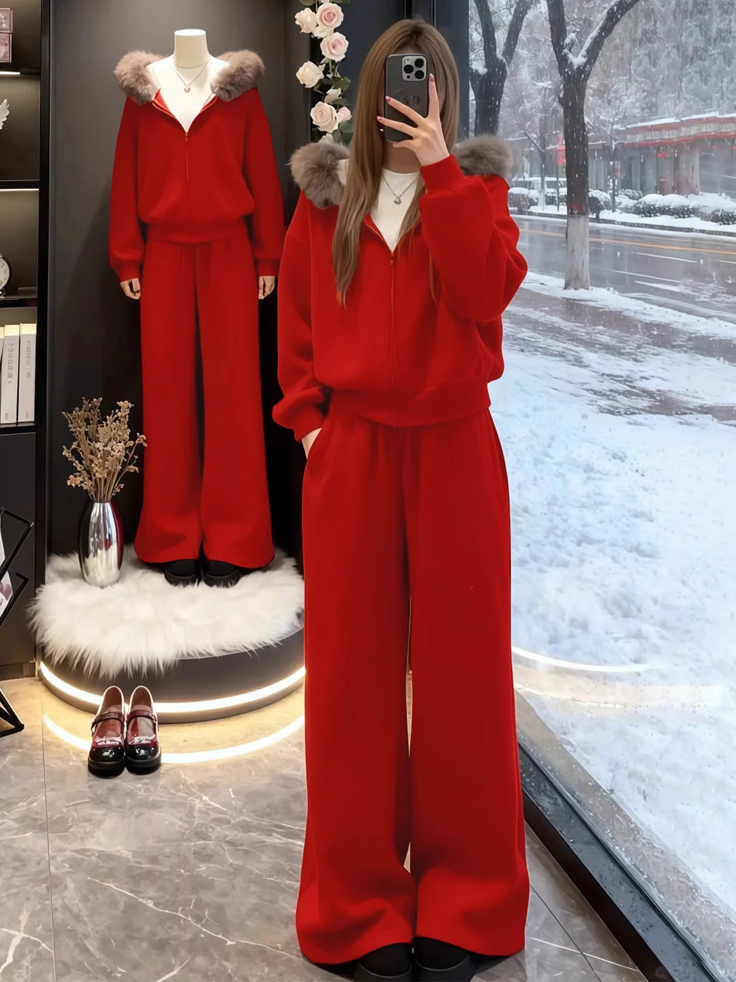 

2026 New Year Red Casual Sports Set Women's Autumn Winter Fleece Lined Hoodie Wide Leg Pants Two Piece Set Korean Style