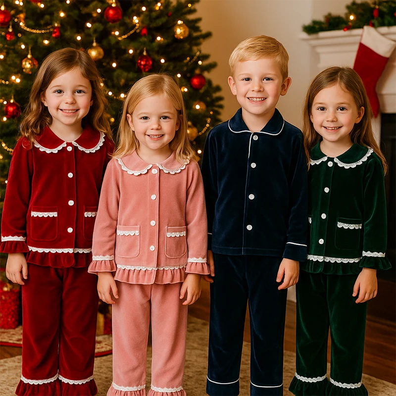 0-13 Years Kids Tales Christmas Pyjamas Sets For Red Golden Velvet Loungewear Sibling Pajamas Baby Boys Girls Children Clothes