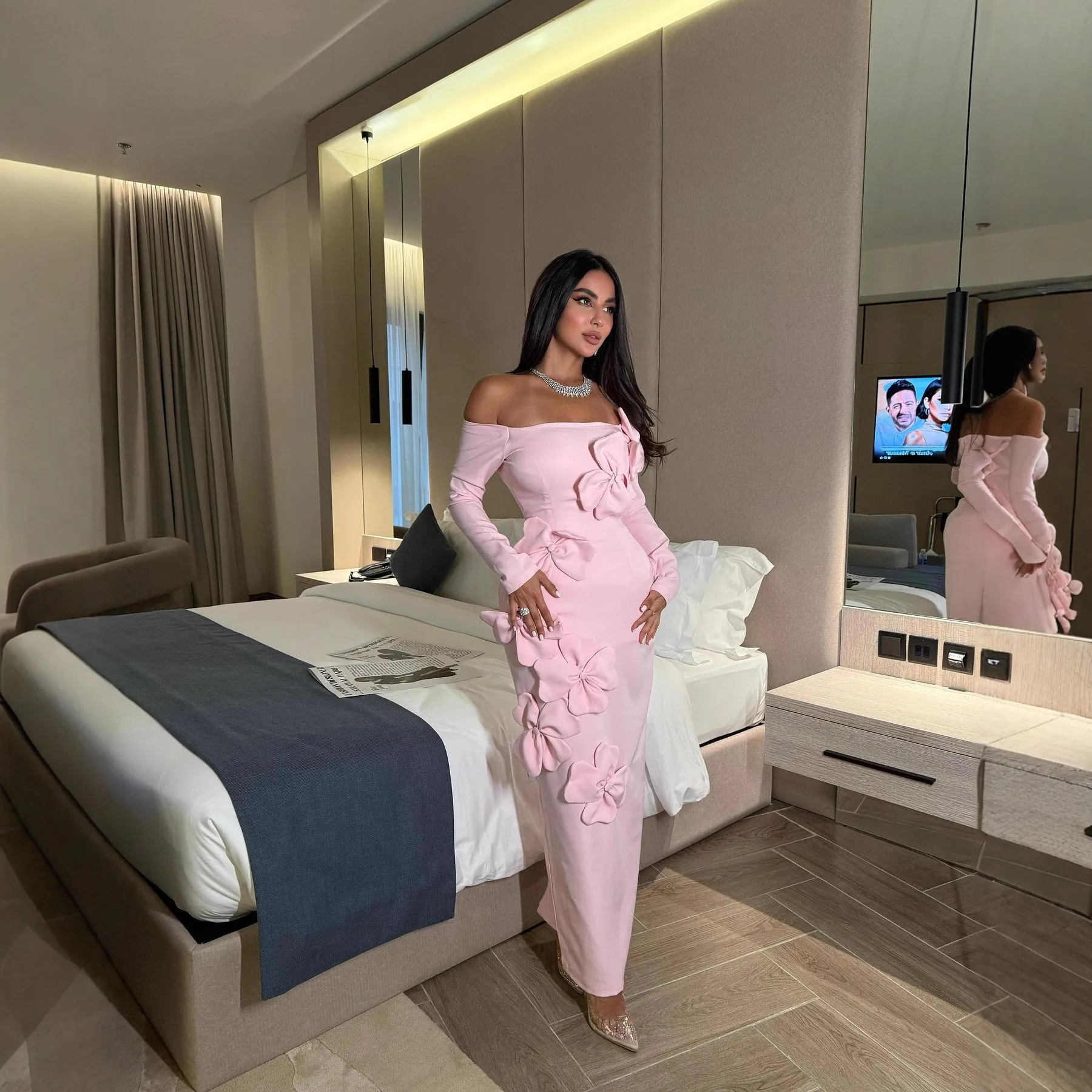 Prom Dress Women Party Long Off Shoulder Pink Evening Dress 3d Floral Applique Bow Detail Maxi Dress Floor Length Formal Elegant