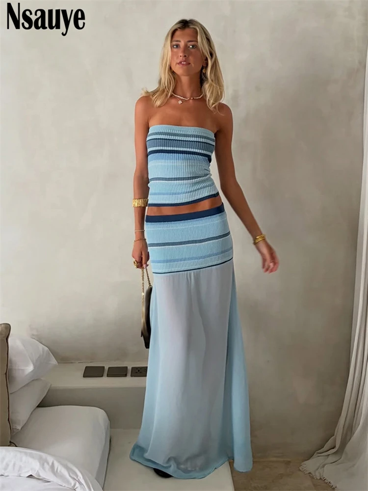 

Nsauye 2026 Летний женский модный комплект из 2 предметов: укороченный топ-жилет в полоску и сексуальная юбка с высокой талией для вечеринок и клубов