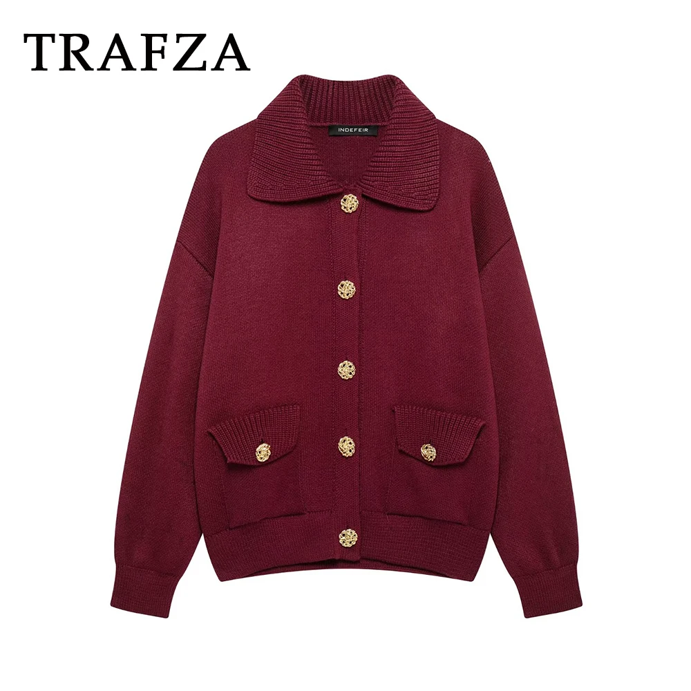 TRAFZA Chic Spring Winered Casual Golden Button Oversized Outwear Fashion 2025 Casual Turn-down Collar Pockets Loose Knit Jacket