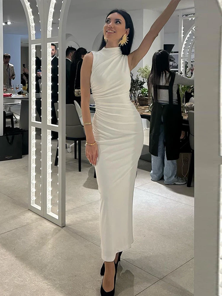 Elegant Pleated Sleeveless Long Dresses Women Solid Bodycon O-neck Hip Package Female Dress 2024 Summer Chic Evening Party Robe