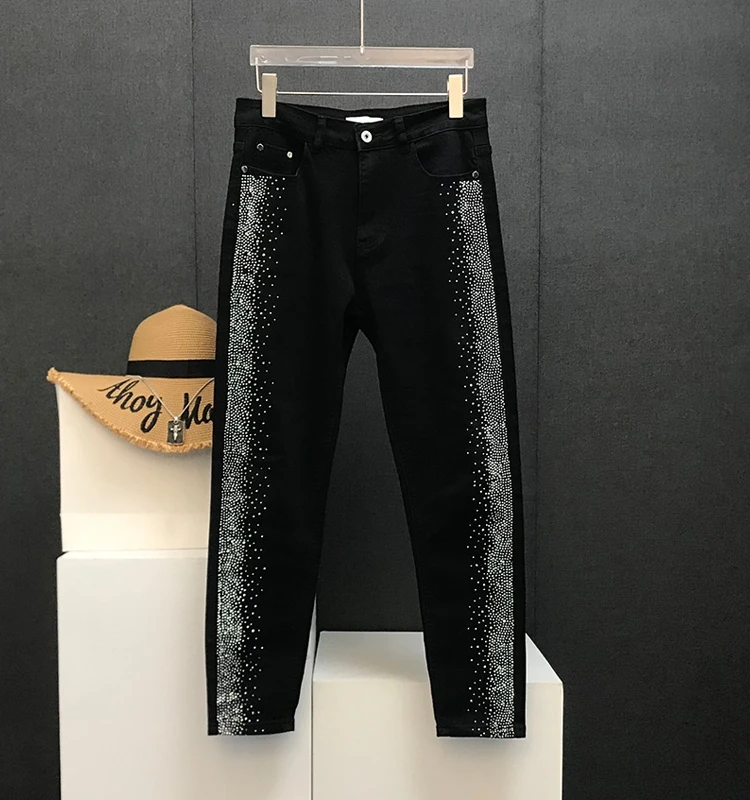 

Bla Slim Fit Jeans Men's Faion High Temperature Iron on Rhinestones Denim Pants Casual Straight Leg Trousers