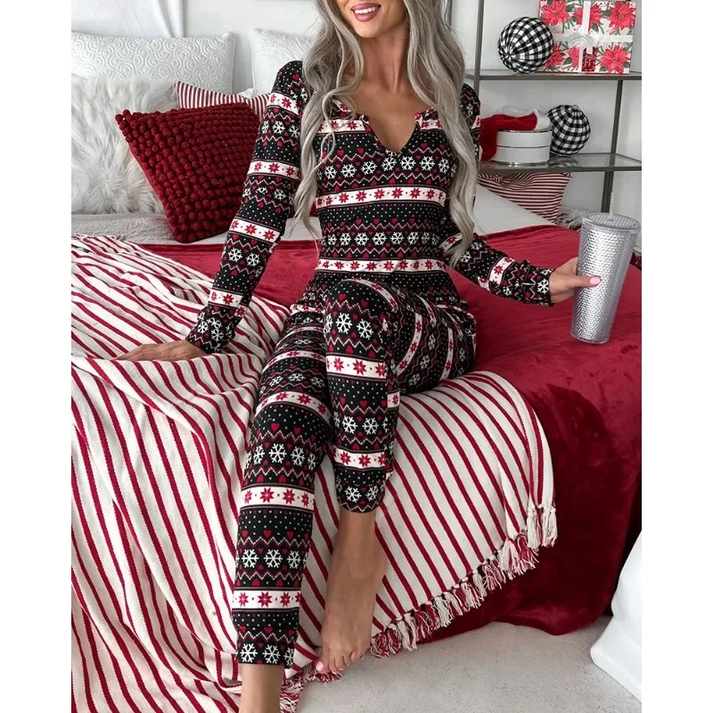 Snowflake Fair Isle Print Notch Neck Sleep Onesie pour femme, Homewear, Loungewear Jumpsuit, Long Sleeve, V Neck, High Waist Romper