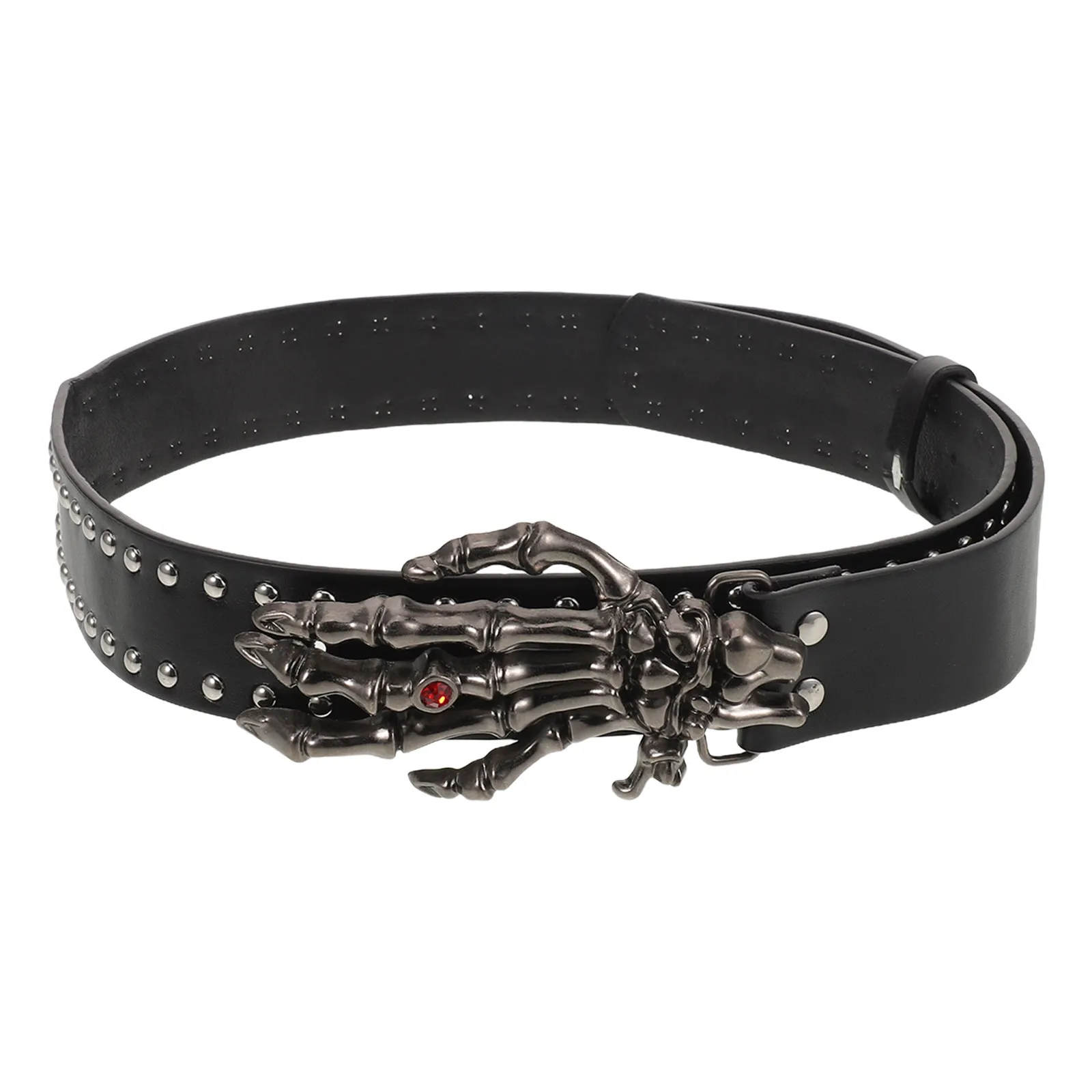 スカルバックルブラックパンクリベットベルトフェイクスタッズウエストバンド調節可能なユニセックスロックベルト、フェスティバルステージナイトライフスタイル用