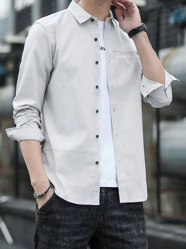 

Spring New Men's Longsved Shirts Trendy Fashion Professional Loose Fit PU Leather Thickened Long Sleeve Collar Inner Wear
